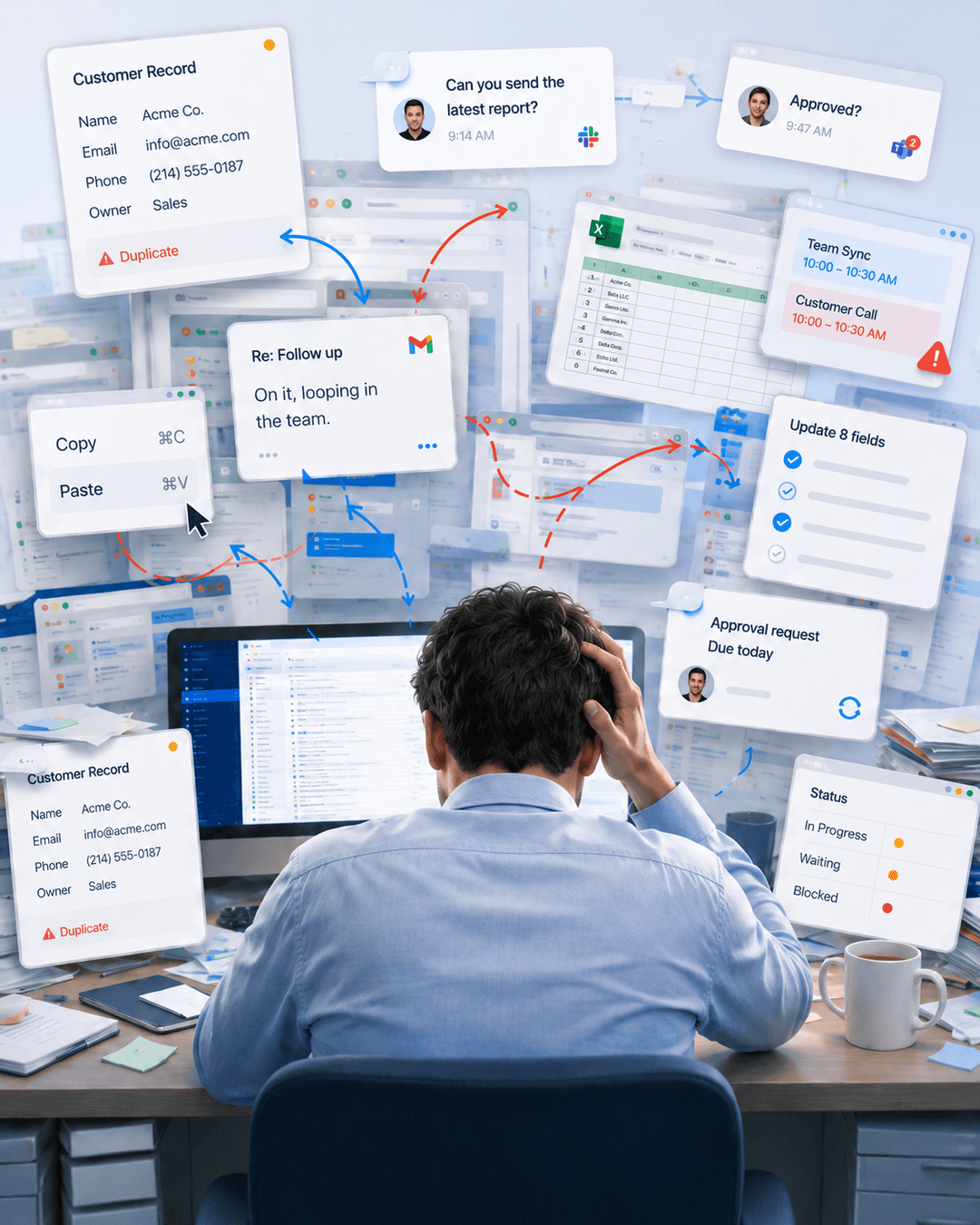 A person at their desk overwhelmed by fragmented digital work: emails, chat threads, calendar invites, approvals, and status boards demanding attention.